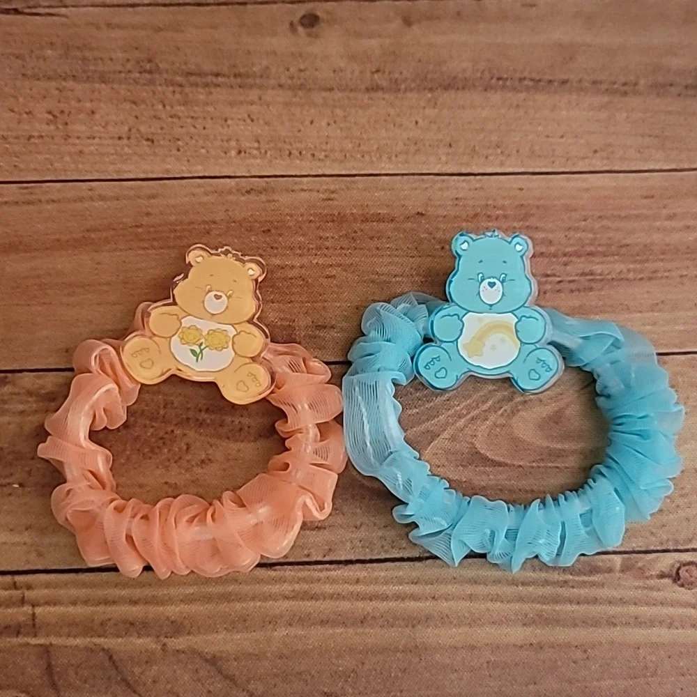 Bears Acrylic Peach and Teal Tulle Fabric Elastic Girl's Hair Crunchies